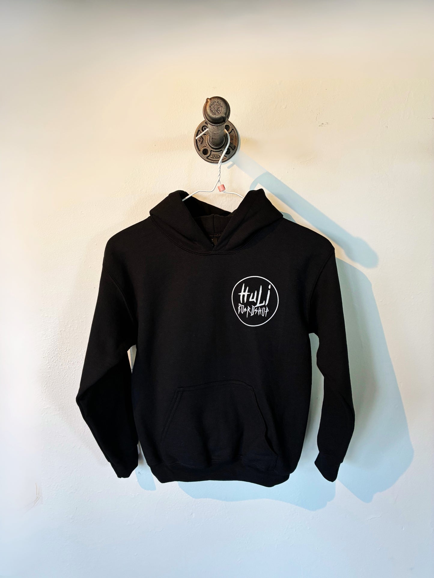 Huli Boardshop Youth Hoodie – Black with White Circle Logo